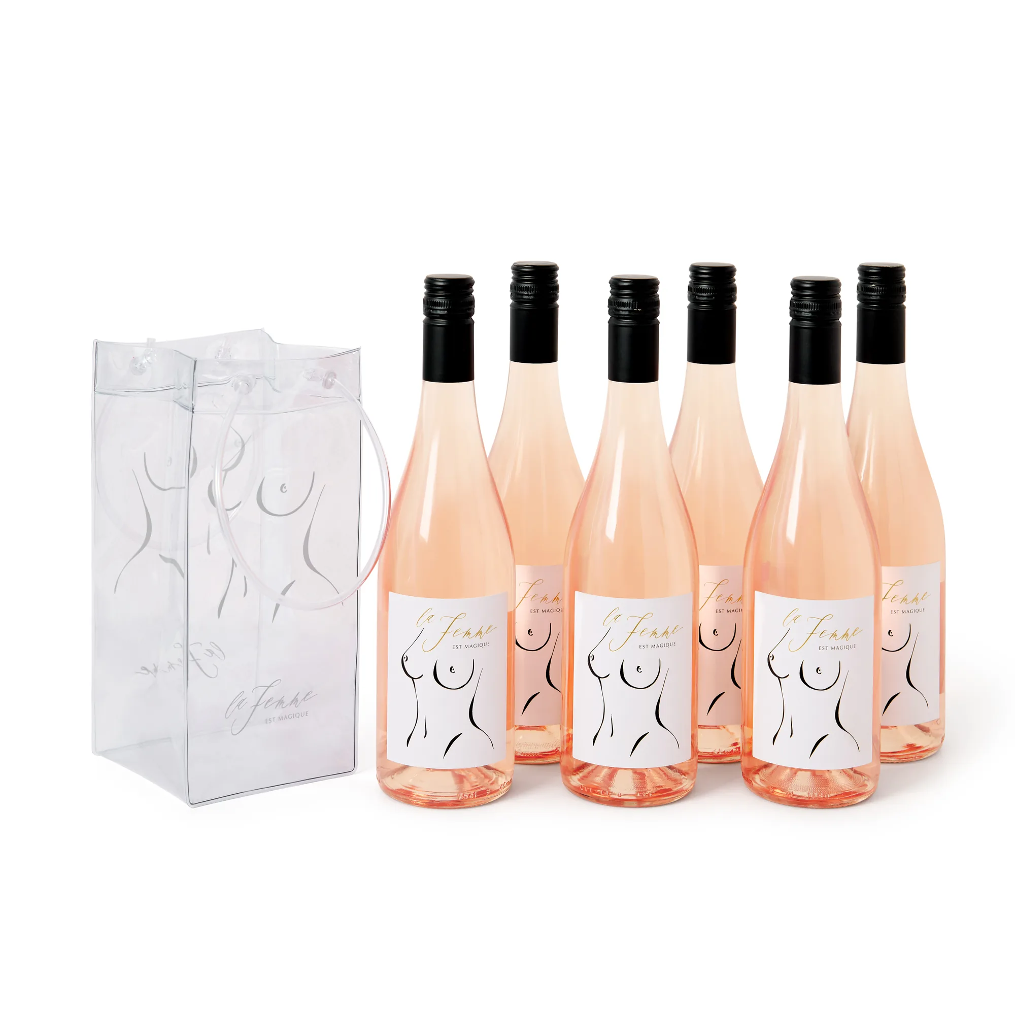 Six bottles of rosé in a festival carry bag