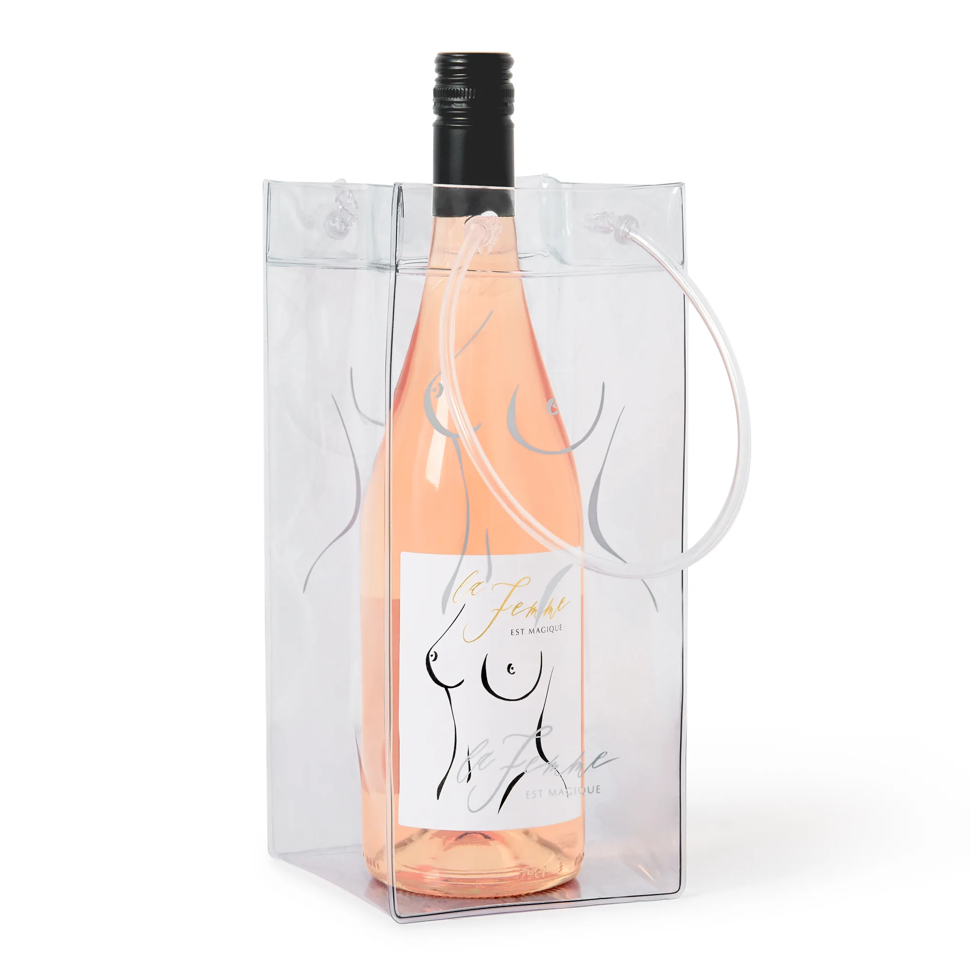 Bottle of rosé in a festival carry bag, ready for the weekend