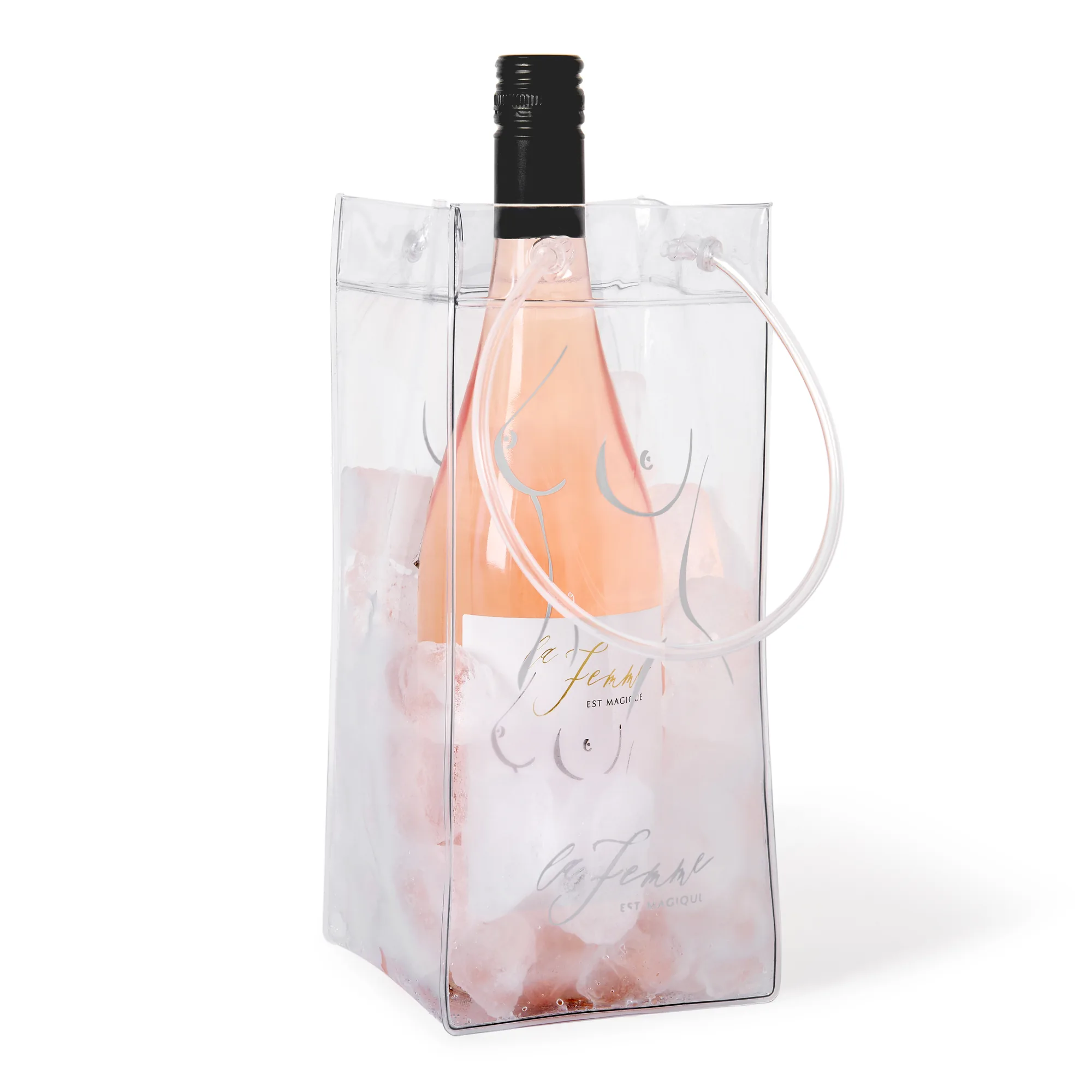 Bottle of rosé chilling in ice in a festival bag