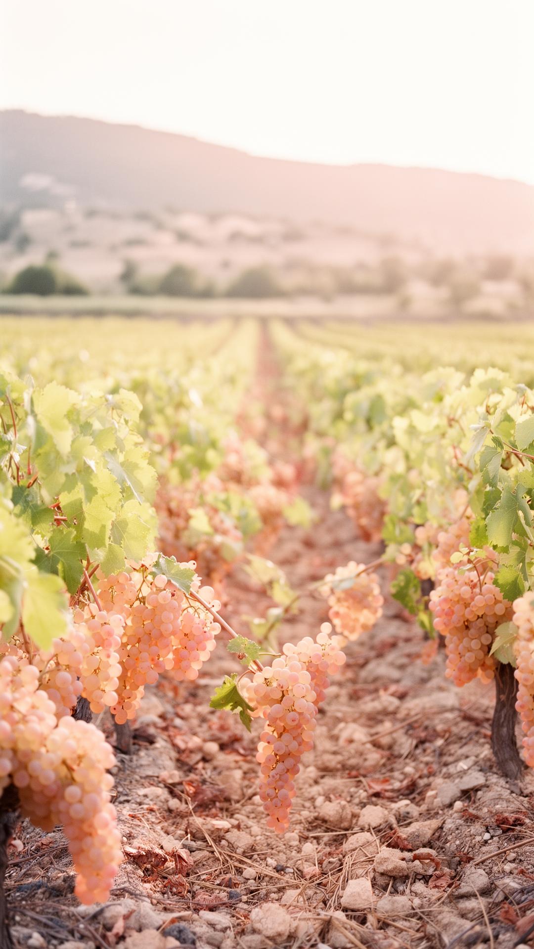 Pale rosé grapes ripening on the vine in a Provence vineyard at golden hour