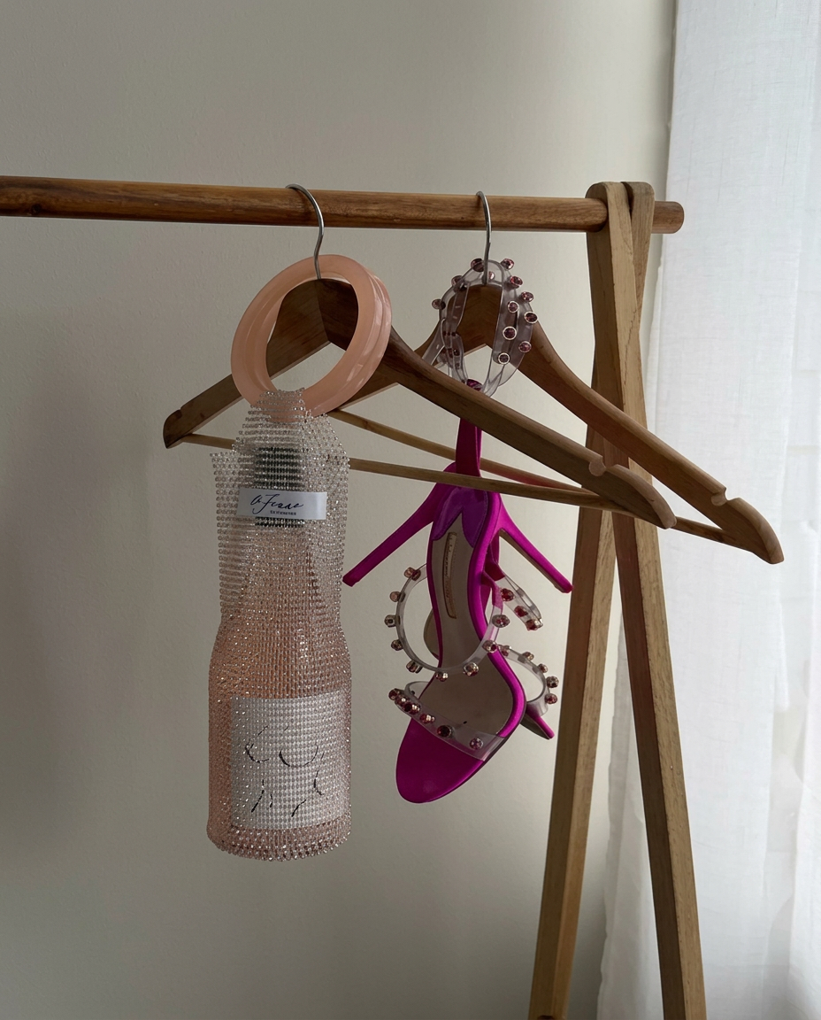 Rhinestone Luxury Wine Bag hanging beside a pair of pink heels